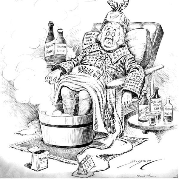 A cartoon of an ailing man, labeled 'Wall Street during the panic of 1907'