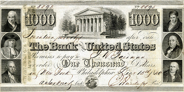 A $1,000 note issued by the Second Bank of the United States.