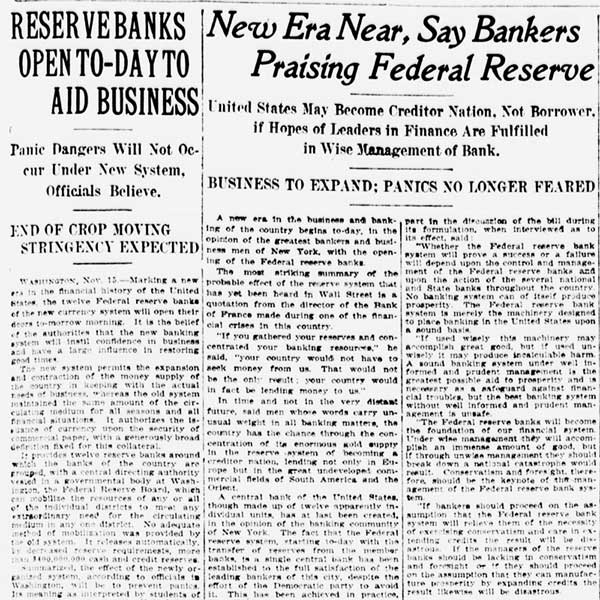 New York's The Sun newspaper headline reads 'Reserve Banks Open To-day to Aid Businesses' and 'New Era Near, Say Bankers Praising Federal Reserve' on November 16, 1914