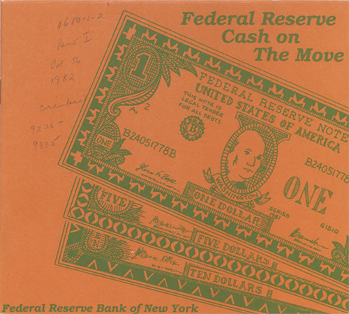 Illustration of three green currency notes on an orange background and the title 'Federal Reserve Cash on the Move