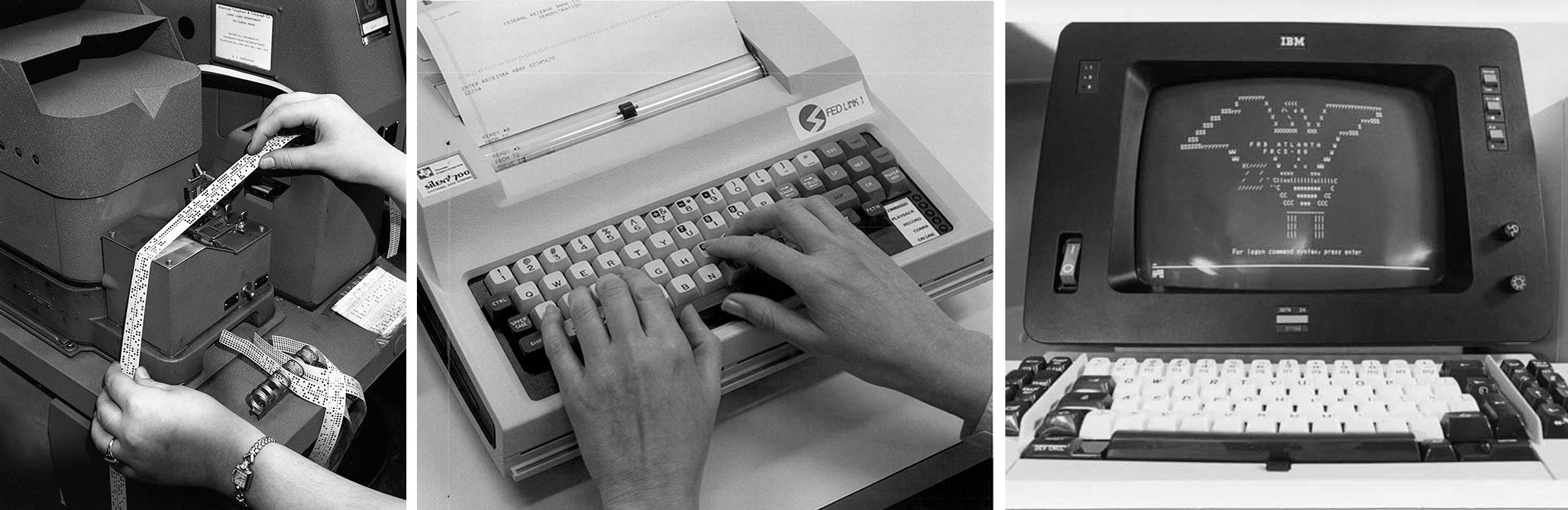 Left to right: Teletype punch tape, 1953 (Federal Reserve Bank of Cleveland 1953 Annual Report); Dial-in terminal leased by commercial banks, 1981 (Federal Reserve Bank of Minneapolis 1981 Annual Report); FRCS-80 terminal, 1982 (Federal Reserve Bank of Atlanta archives)