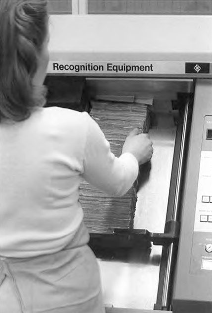 A currency verification, counting, and sorting (CVCS) machine at the Federal Reserve Bank of Minneapolis, 1981