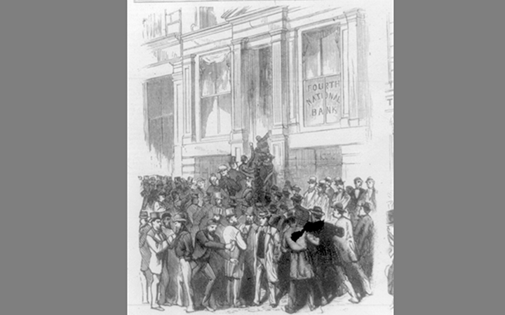 <p>The Panic - Run on the Fourth National Bank, No. 20 Nassau Street [New York City, 1873]. (Image LC-USZ6-952 via<a href="https://www.loc.gov/pictures/resource/cph.3a00900/"> Library of Congress Prints and Photographs Division</a>)<br></p>