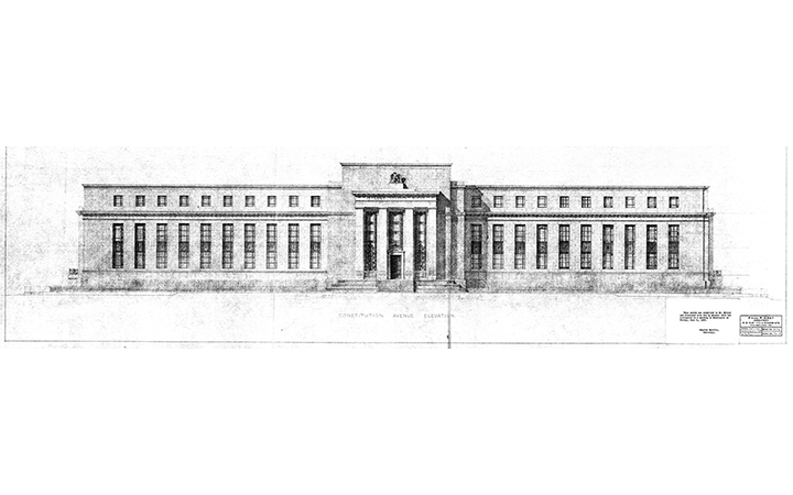 Architectural drawing of the Federal Reserve building on Constitution Avenue in Washington, D.C.