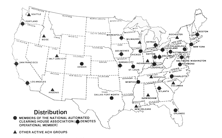 A map of the US showing cities that are ACH participants