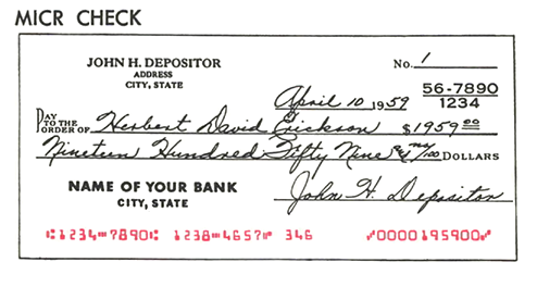 An image of a MICR check filled out by hand