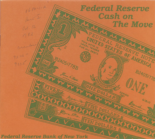 Illustration of three green currency notes on an orange background and the title 'Federal Reserve Cash on the Move'