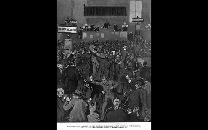 Drawing titled 'The recent panic - scene in the New York Stock Exchange on the morning of Friday, May 5th'