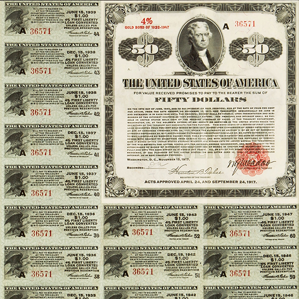 War bond coupons issued in 1917 for a $50 First Converted Liberty Loan.