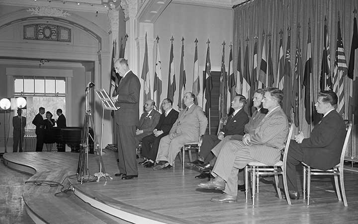 U.S. Secretary of the Treasury Henry Morgenthau Jr. speaks at the conference which established the International Monetary Fund.