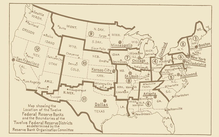 <p>1914 map of the Federal Reserve System and District borders, from the "Decision of the&nbsp;Reserve Bank Organization&nbsp;Committee"&nbsp;</p>