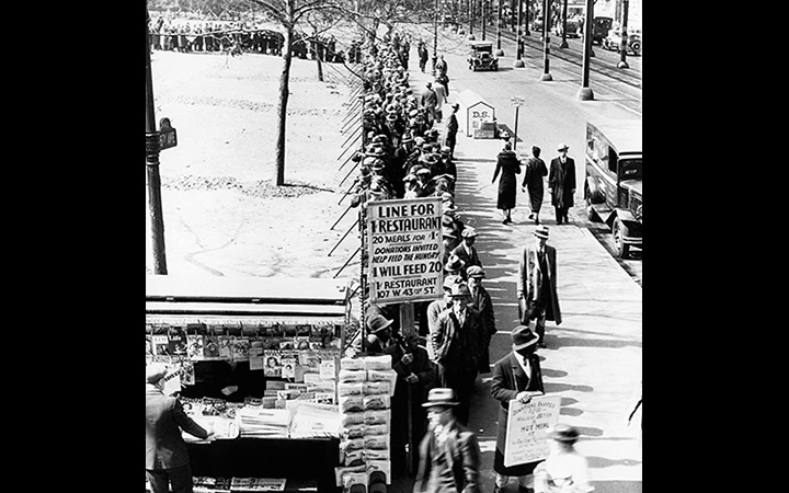A bread line at Sixth Avenue and 42nd Street, New York City, during the Great Depression