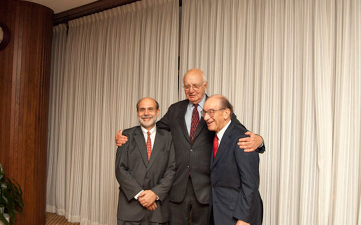 Federal Reserve Board Chairs Ben Bernanke,&nbsp;Paul Volcker, and Alan Greenspan.