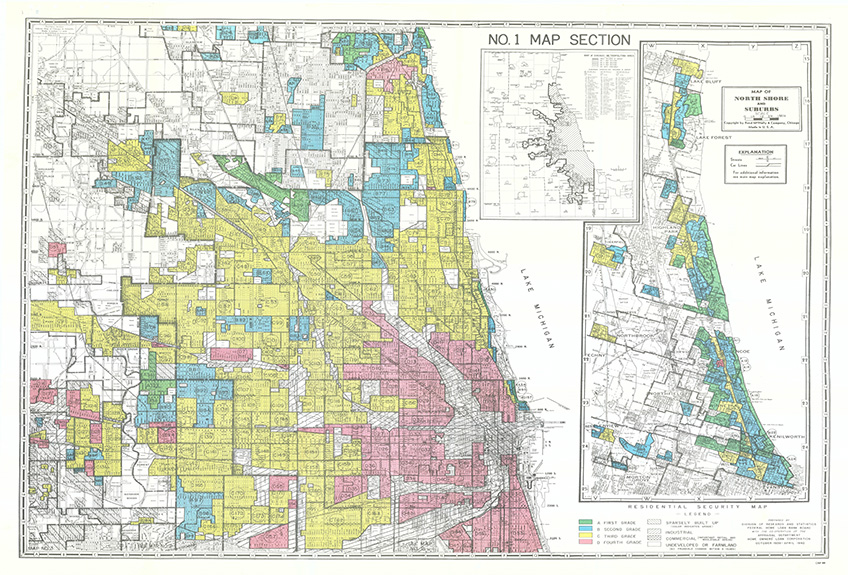 A color-coded HOLC map of the Chicago area, c. 1940