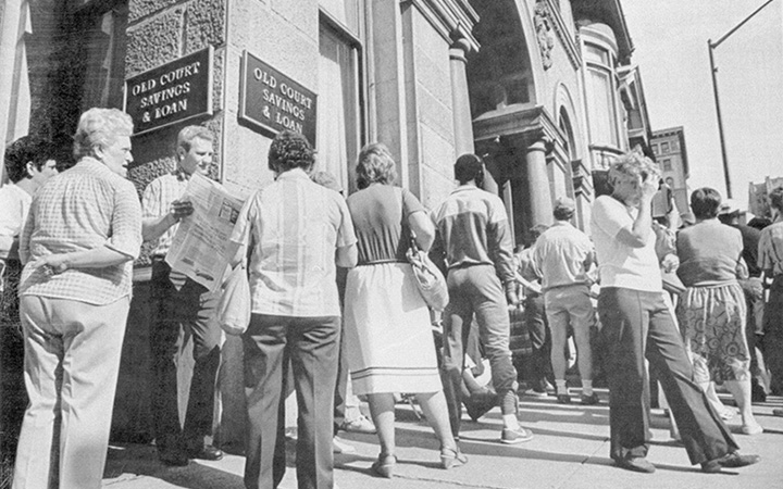 May 13, 1985:&nbsp;Depositors line up to withdraw money from a Baltimore bank following the court order that limited depositors' cash withdrawals until a purchaser was found for the troubled savings and loan.
