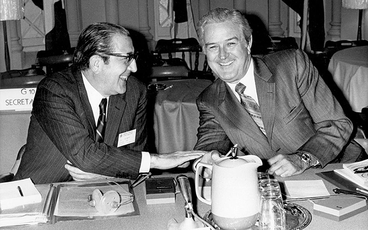 Rinaldo Ossola, deputy governor of the Bank of Italy (left) chats with&nbsp;John Connally (right),&nbsp;U.S. Treasury Secretary and chairman of the meeting of the Group of Ten at the December 1971 meeting at the Smithsonian