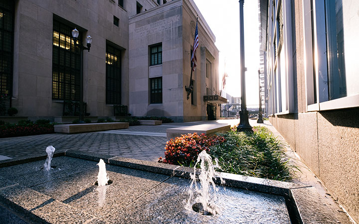<p>The plaza in front of the St. Louis Fed building</p>