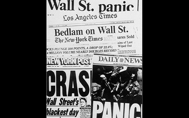Composite of newspaper headlines reporting the Stock Market Crash of 1987