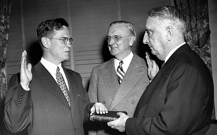 William McChesney Martin Jr. is sworn in as Chairman of the Federal Reserve Board of Governors