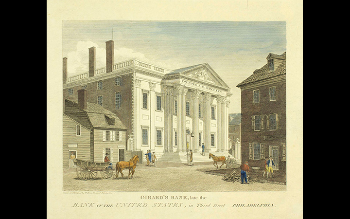 This 1830s painting titled 'Girard's Bank,&nbsp;late the Bank of the United States, in Third Street, Philadelphia' shows the building that housed the First Bank.