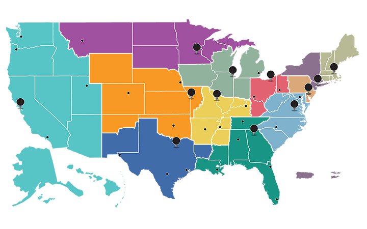 <p>Map of the Federal Reserve System showing District boundaries, Federal Reserve Banks, and Branches.&nbsp;</p>