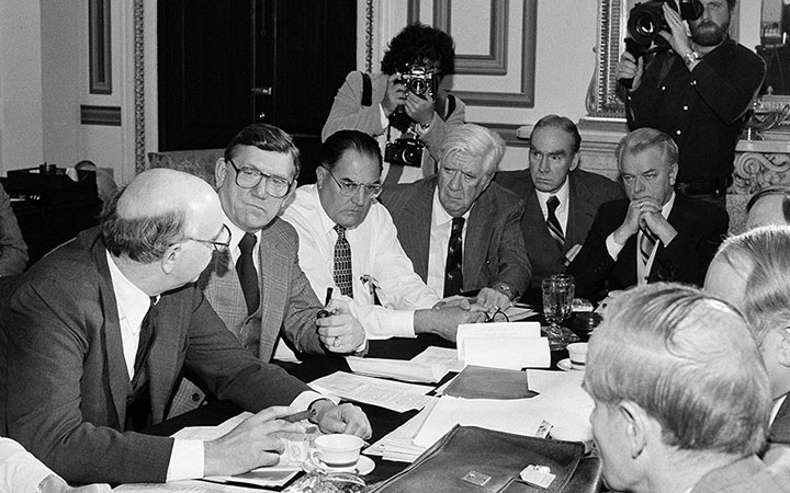 Chairman Volcker speaks at a meeting of administration officials and congressional leaders in 1980