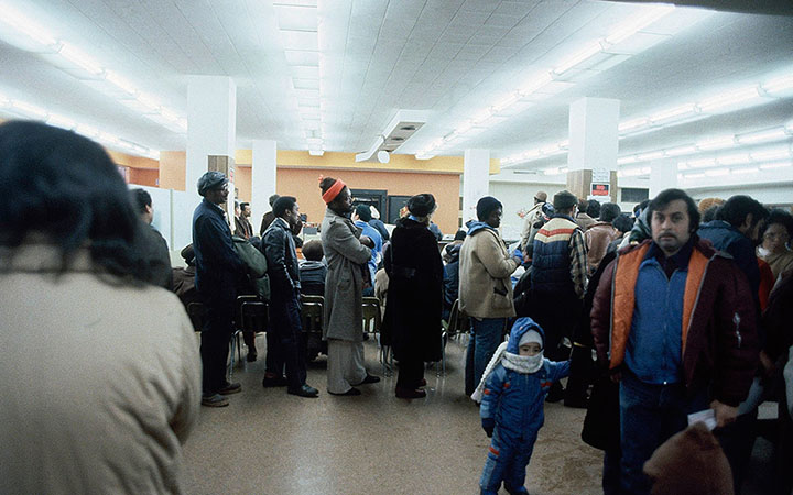 Unemployed Chicagoans line up to apply for insurance at the Bureau of Unemployment, 1981.