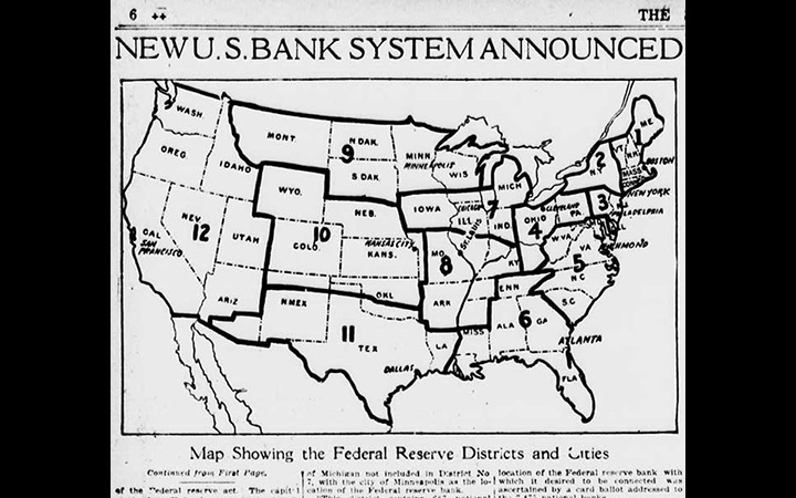 New York's <em>The Sun</em> newspaper headline declared "New&nbsp;U.S. Banking System Announced" on <a href="https://chroniclingamerica.loc.gov/lccn/sn83030272/1914-04-03/ed-1/seq-6/">April 3, 1914</a>