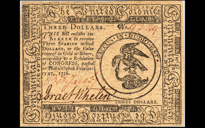 <p>A $3 continental bill, c. 1776 (via <a href="https://www.amrevmuseum.org/collection/continental-currency-3-dollars">Museum of the American Revolution</a>)&nbsp;</p>